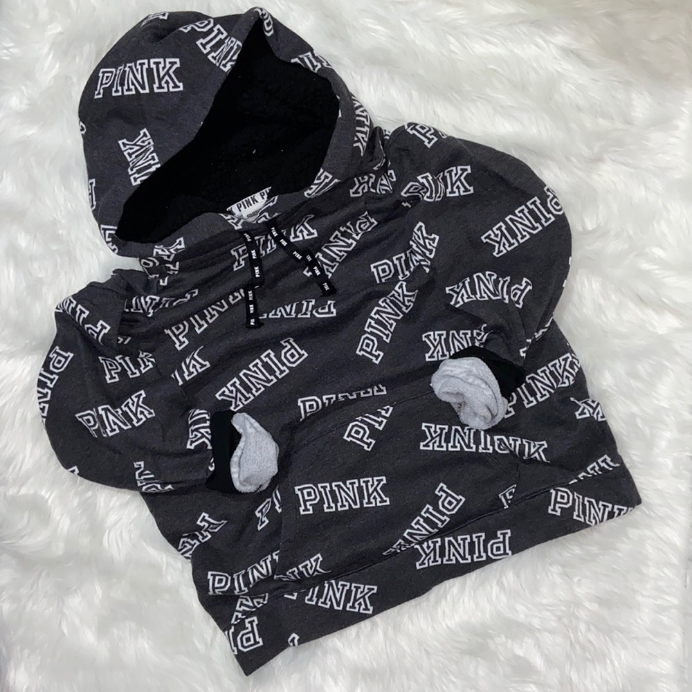 PINK Sherpa lined hood campus pullover hoodie Grey all over print Small